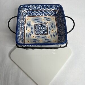 Temptations by Tara Old World Blue Casserole Dish Cooling Rack Trivet Lid 1.5Qt